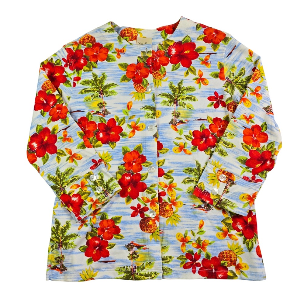 Bobbie Brooks Tropical Button Front Top Women S Multicolor Hibiscus Hawaiian